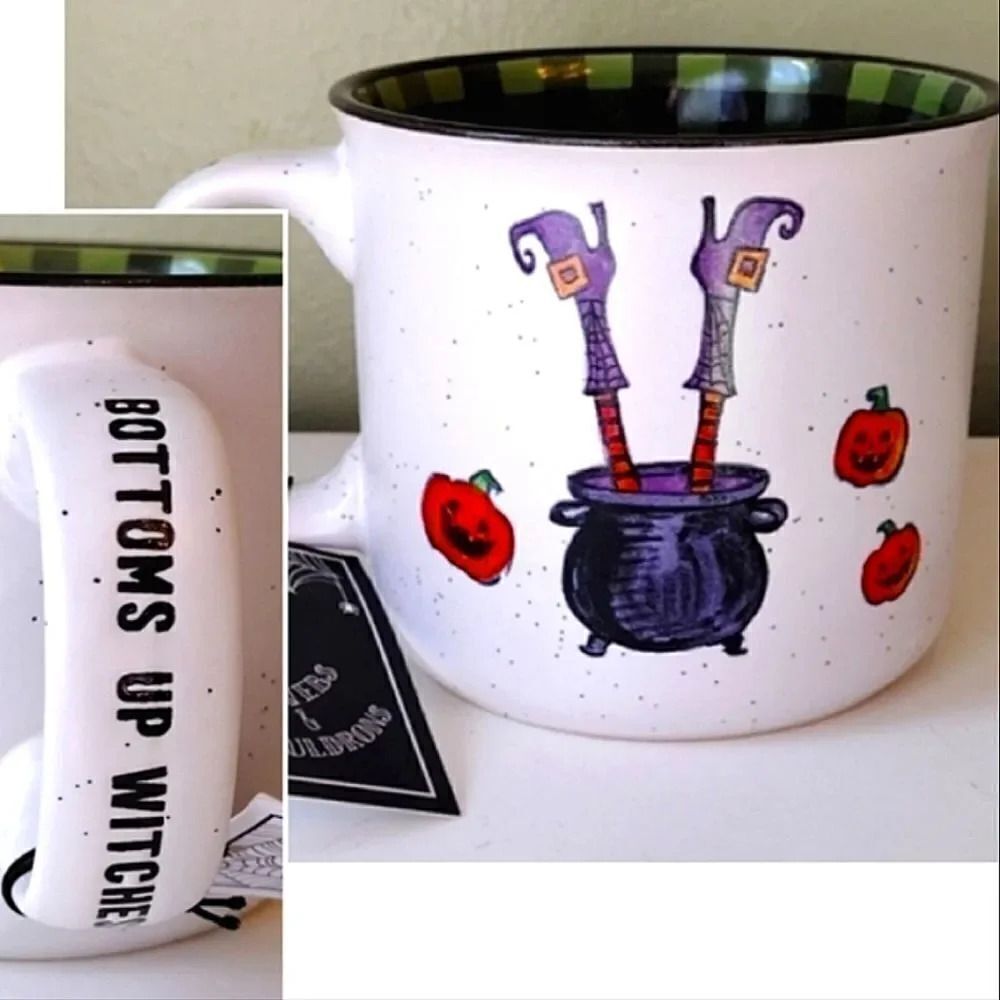 Halloween Bottoms Up Witches Gingham Print Ceramic Camper‎ Mug NWT
